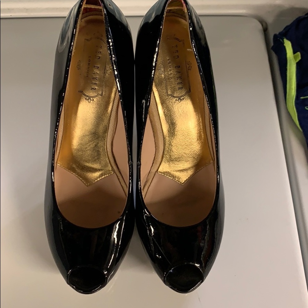 Ted Baker, patent leather, open toe pumps.
